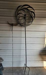lot 14 image: Large Metal Whirley Gig Garden Stake 84 Tall and Dragonfly Garden Stake 72 Tall