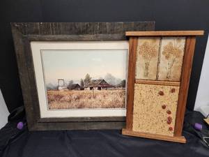 lot 597 image: Barnwood Framed Picture 26x22 and Tiled Corkboard Note Keeper 12x21