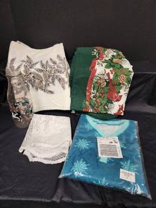 lot 744 image: Christmas Tablecloths, NIP Night Shirt Size 1X, and More