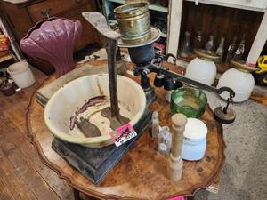 lot 44592 image: Contents Of Table, Including Antique Scales And More