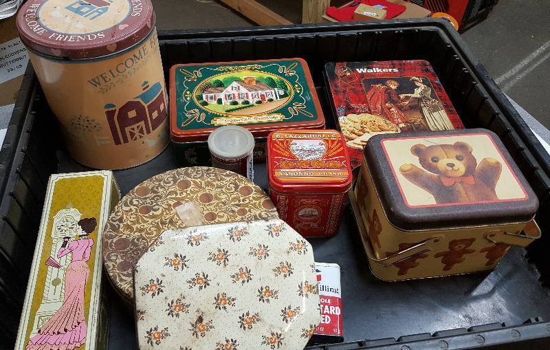 lot 6098 image: Tray full of old metal collectable tins from cookies and candy