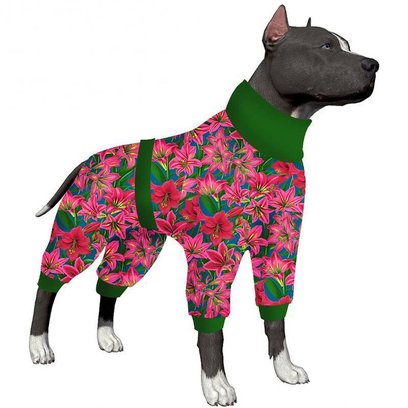 lot 13762 image: LovinPet Dogs Onesies Pajamas, Post Operative Jumpsuit for Dogs Large Breeds Apparel, Reflective Strap Full Coverage Dog Onesie, Breathable & Elastic Amaryllis Red Prints Pajamas,XXL