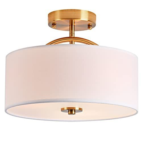 lot 11433 image: Bargeni Semi Flush Mount Ceiling Light,13-inch Drum Ceiling Light Fixture,Antique Brass Finish with Fabric Hardback Shade for Bedroom,Hallway and Foyer