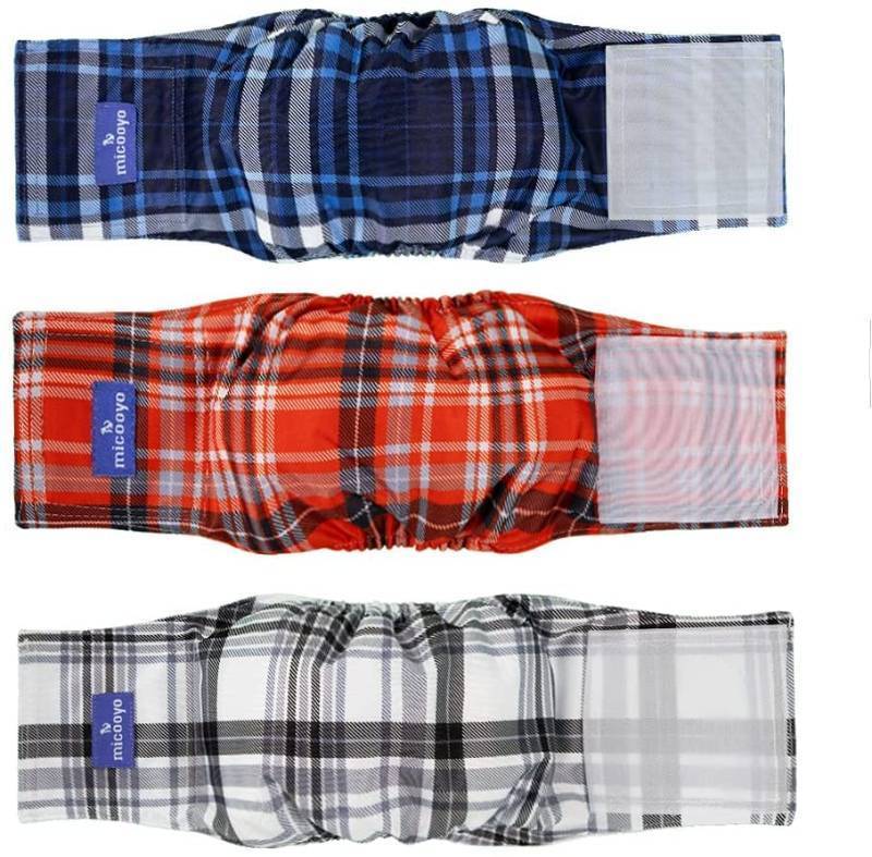 lot 14441 image: MICOOYO Washable Belly Bands for Male Dogs  Reusable Doggie Diapers  Absorbent Doggy Wraps with Adjustable Fastener - XSmall (Pack of 3, Plaid Red & Blue & Grey)