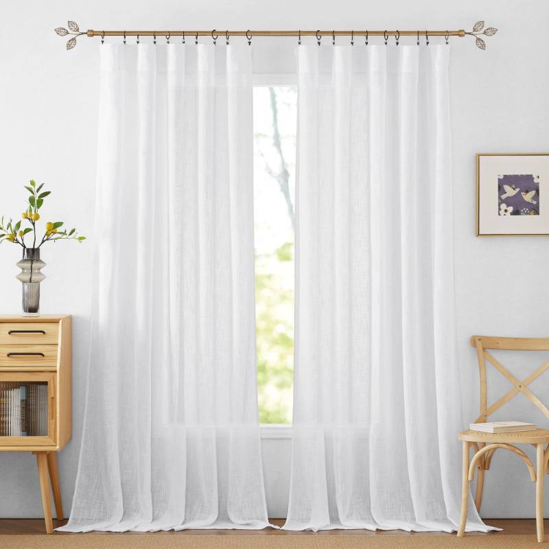 lot 14652 image: RYB HOME Extra Long Sheer Curtains Semi Transparent Drapes Boho Window Decor for Living Room Bedroom Front Door High Ceiling Window, White, W 70 x L 108, 1 Pair