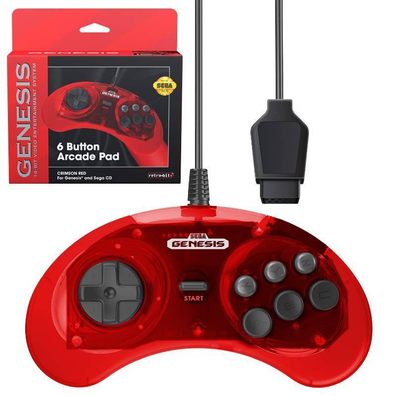 lot 12024 image: Retro-Bit Official Sega Genesis Controller 6-Button Arcade Pad for Sega Genesis - Original Port (Red)