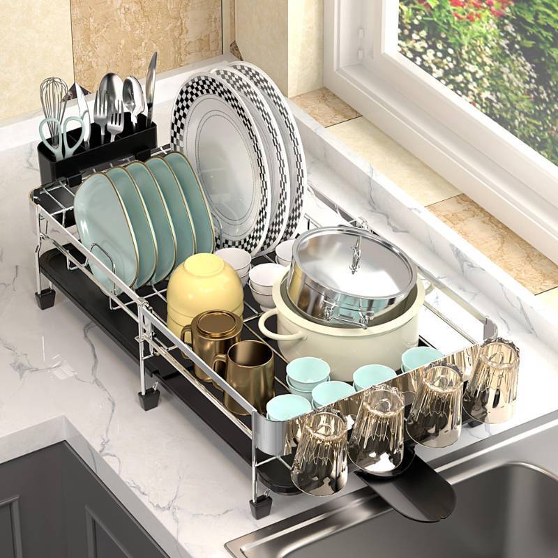 lot 15504 image: SuperOrganize Dish Drying Rack, Dish Rack with Drainboard, Kitchen Dish Drying Rack with Rotatable Swivel Spout and Utensil Holder, Stainless Steel Expandable Dish Drainer - Silver