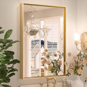 lot 16361 image: Keonjinn Gold Bathroom Mirror for Vanity 22� x 30� Champagne Gold Rectangular Wall Mirror Brushed Brass Metal Frame Rectangle Farmhouse Mirror Modern Square Corner Framed Mirror(HorizontalVertical) - Retail $86.34