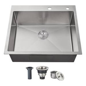 lot 16362 image: ROVOGO 25x22 Drop-in Kitchen Sink Single Bowl with Rear Drain, 18 Gauge Stainless Steel Handmade Sink with 2-Hole, Brushed - Retail $192.3