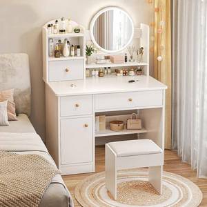 lot 16364 image: Zupemo Vanity Desk Vanity Mirror with Lights, White Makeup Vanity Table with Mirror and Stool, 4 Drawer 4 Shelves Storage Unit Dresser, Small Vanity Make Up Desk for Bedroom Furniture - Retail $162.62