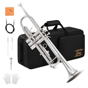 lot 16370 image: Eastar Bb Standard Trumpet Set for Beginner, Brass Student Trumpet Instrument with Hard Case, Cleaning Kit, 7C Mouthpiece and Gloves, ETR-380N, Silver(MISSING PART OF CLEANING KIT)