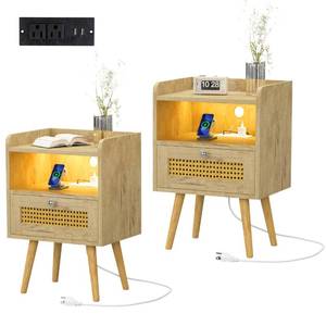 lot 16375 image: DMIDYLL Rattan Nightstands Set of 2, Small End Table with Charging Station and LED Lights, Mid Century Modern Side Table with Storage for Living Room, Bedroom and Small Spaces, Natural Walnut - Retail $157.69