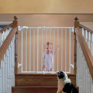 lot 16379 image: Babelio 26-43 No Bottom Bar Baby Gate for Babies, Elders and Pets, 2-in-1 Hardware Mount Dog Gate for The House, Stairs and Doorways, Safety Pet Gates with Large Walk Thru Door, White - Retail $76.64