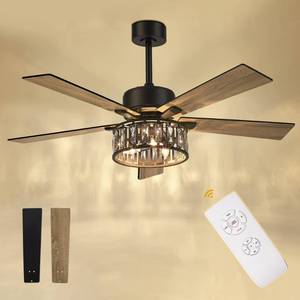 lot 16382 image: AUTELO Modern Ceiling Fan, 52 Inch Ceiling Fans with Lights and Remote Control, 5 Reversible Blades Ceiling Fans with Lights, Crystal Ceiling Fans in Black and Wooden Finish for Living Room, F9327 - Retail $166.04