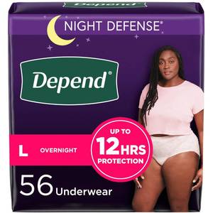 lot 16395 image: Depend Night Defense Adult Incontinence & Postpartum Bladder Leak Underwear for Women, Disposable, Overnight, Large, Blush, 56 Count (4 Packs of 14), Packaging May Vary