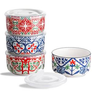 lot 16403 image: Chubacoo Ceramic Bowls with Lids Microwavable Bowls with Lids - Porcelain Soup Bowls Set of 4 with Lids - Ceramic Containers with Lids for Picnic, Camping, Lunch - 20 oz, 5 Inch