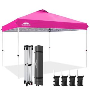 lot 16415 image: EAGLE PEAK 12x12 Pop Up Canopy Tent Instant Outdoor Canopy Easy Set Up Straight Leg Folding Shelter with Wheeled Bag, 4 Sand Bags, 4 Ropes and 8 Stakes, Pink - Retail $203.03