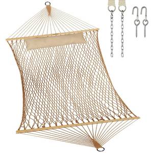 lot 16418 image: JoyView Traditional Rope Double Hammock - Hand Woven Cotton Hammock with Hardwood Spreader Bar and Pillow 450lb Capacity 2 Person Hammock for Outdoor Indoor Patio Yard - Brown