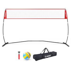 lot 16421 image: Patiassy 14ft Freestanding Volleyball Practice Net for Indoor or Outdoor Use, Height Adjustable Portable Volleyball Training Set for Backyard Driveway (Red with Volleyball) - Retail $104.03