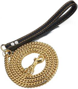 lot 16468 image: Aiyidi Strong Dog Chain Gold Leash Long 3FT 4FT 5FT 18K Gold Plated Stainless Steel 12mm Curb Cuban Link Dog Leash with Comfortable Genuine Leather Handle(Gold, 3FT)