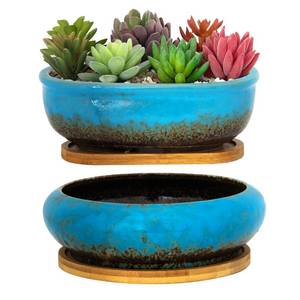 lot 16498 image: ARTKETTY Succulent Pots, 1 Rectangle Planter  1 Ceramic Bonsai Pot with Drain Tray, 2 Pack Large Shallow Succulent Planters for Indoor Plants, Round Cactus Flower Plant Pot for Desk Windowsill Decor