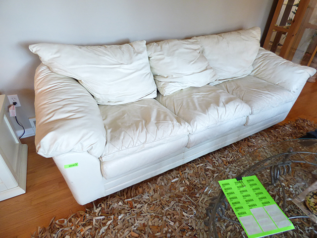 lot 1010 image: White Leather Sofa with Envelope Back Cushions 93 long x 38 deep
