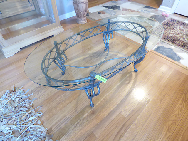 lot 1011 image: Imported Iron Rod Glass Table with Beveled Glass Top 39 long x 25 wide