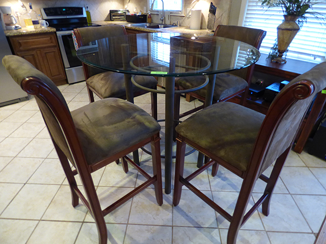 lot 1032 image: Glass Top Table 42 x Oval Beveled Glass with 4 Brown Suede Chairs Hand Made