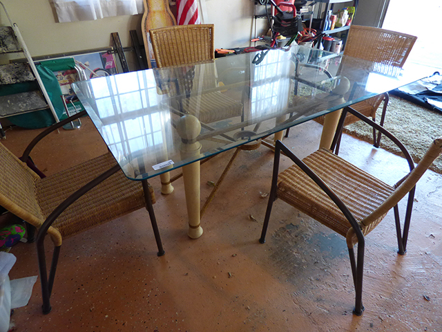 lot 1090 image: New Beautiful Glass Table with 72 long x 42 wide with 4 Wicker Chairs