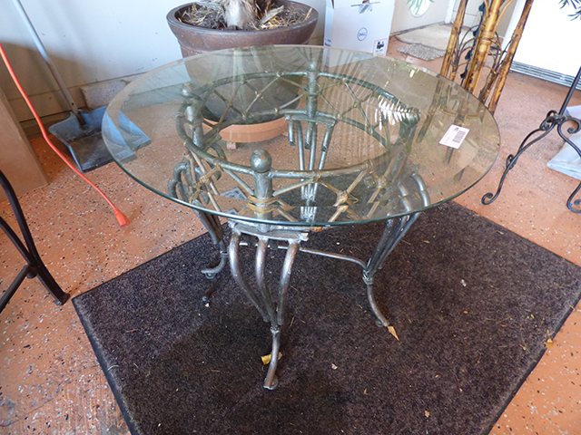 lot 1094 image: Bronze Oval Rod Iron Glass Top Table 24 W 21 H