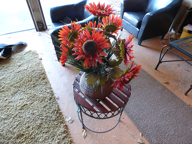 lot 1100 image: Cherry Table with Rod Iron Base 18 x 18 x 20 high