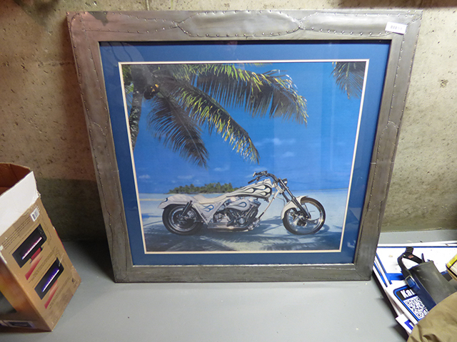 lot 1136 image: Custom Made Frame with Harley on Beach