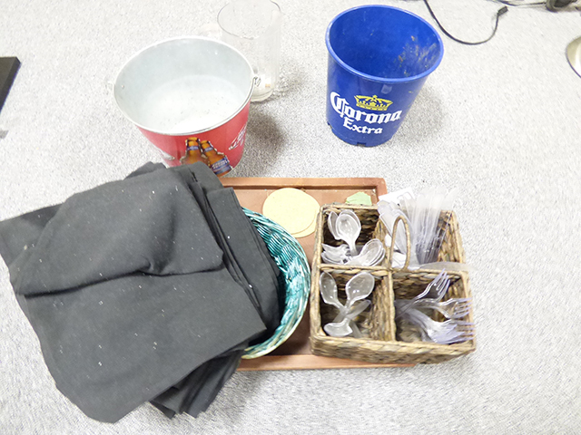 lot 1160 image: Bud and Corona Buckets with Pitcher, rest. Napkins and tray with silverware holder
