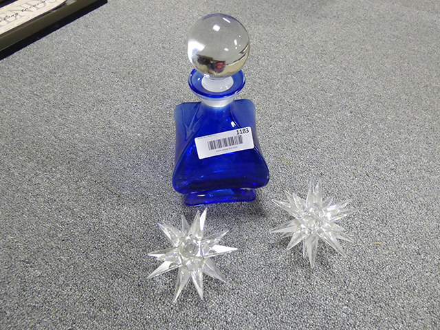 lot 1183 image: Blue Decanter with 2 Crystal Swartzeki Candle Holders