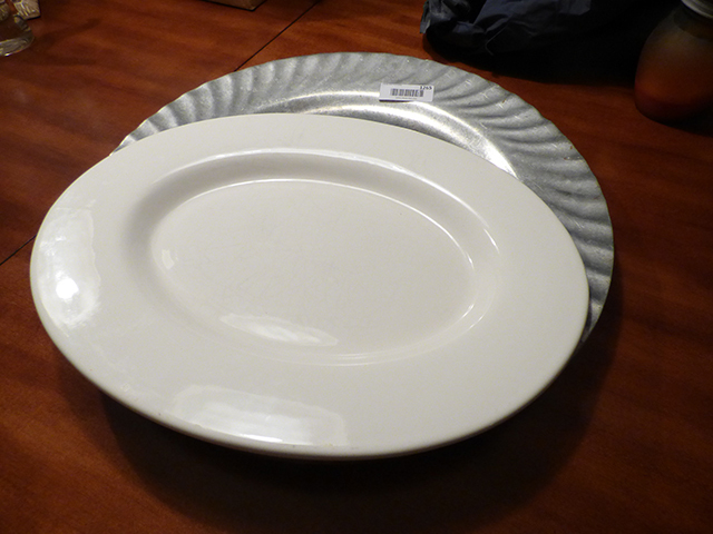 lot 1265 image: Pewter Decorator Platter 20 round with White Glass Serving Platter