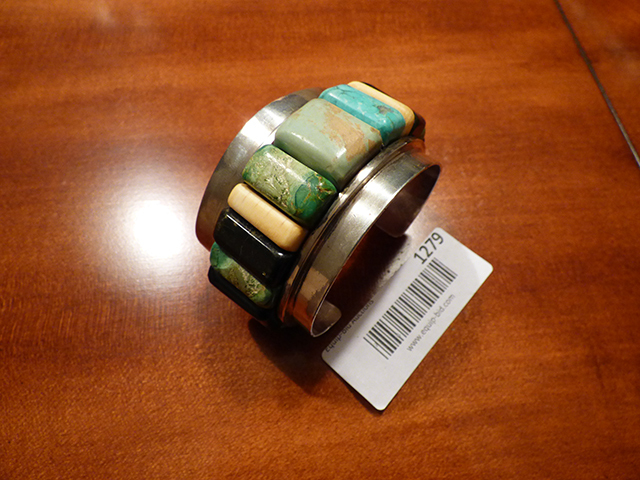 lot 1279 image: Custom Made  Silver Cuff Braclet Total 13 stones Turquoise Black Oyxy Two pieces Ivory