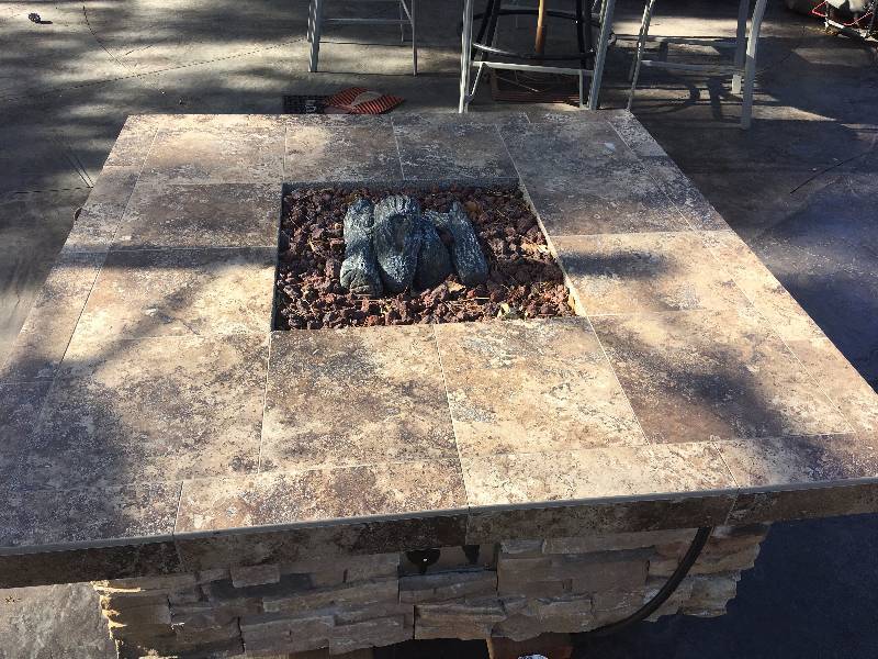lot 1035 image: NEW Propane Tiled with Slated Stone Outside Fire Pit 48 x48 on Cart with Caster