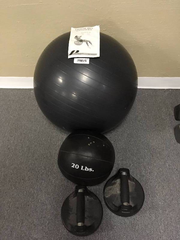lot 1169 image: Perfect pushups, 20 lb. med. Ball with exercise ball
