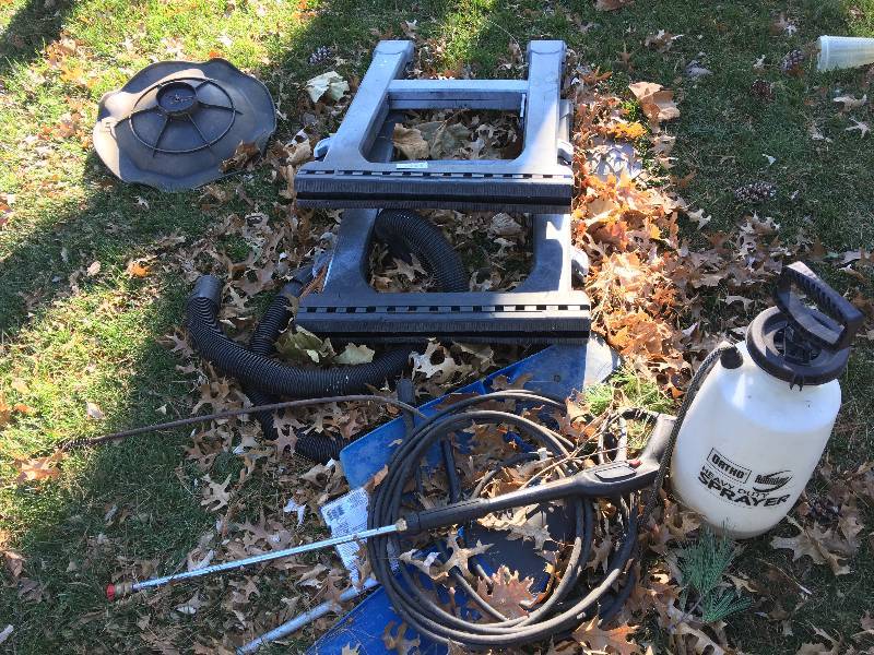 lot 1305 image: Misc. Group of Heavy Duty SprayerUS Driver Flippers, 2 Saw horsesShop Vac with Hose and Power, Washer HoseToiler 38 Diameter x 3 long