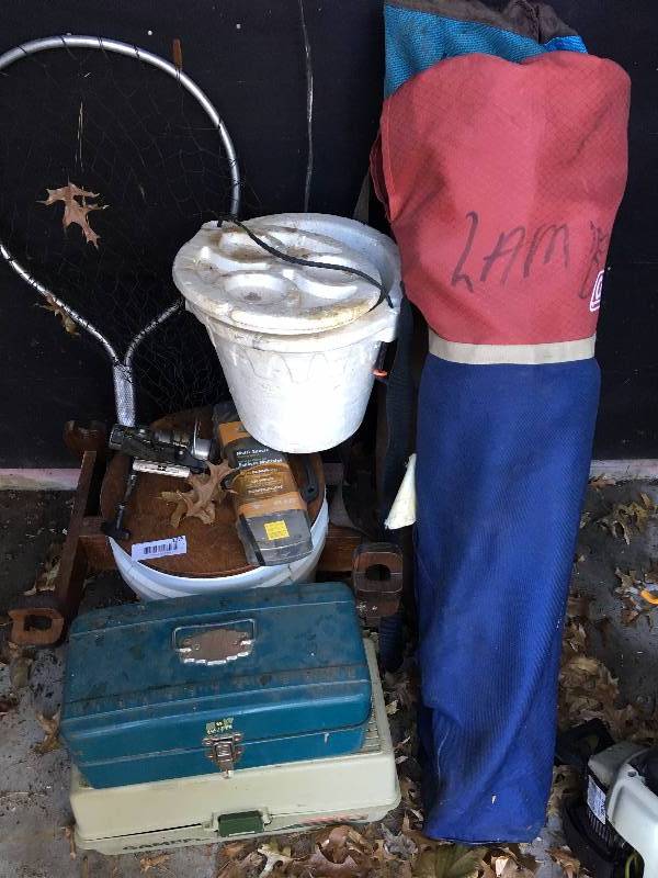 lot 1275 image: Fishing Bucket with Pole Holders, 2 Full Tackle Boxes of Lures with Net and 2 Chairs