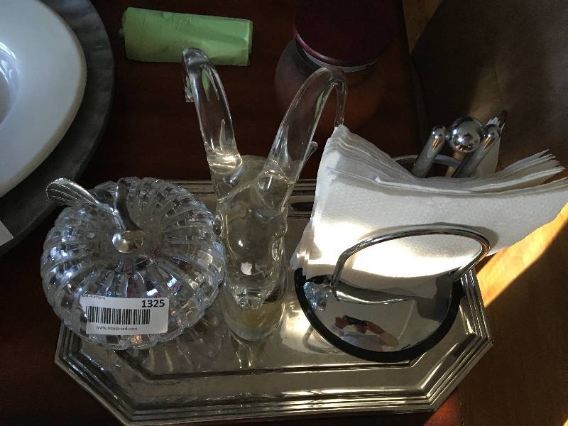 lot 1325 image: Silver Tray Glass Candy Cannister w Glass Ram Head Nickel Napken holder & candle.