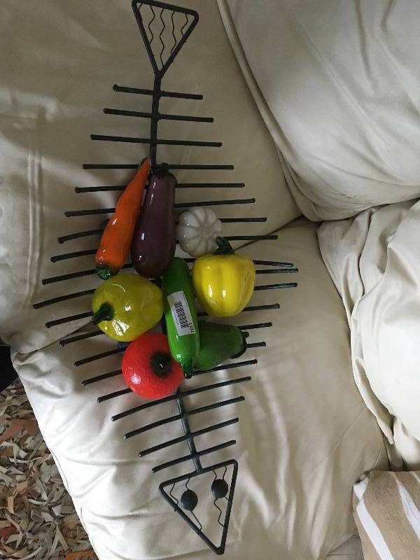 lot 1331 image: Metal Fish Dcor with Hand Blown Glass Vegetables