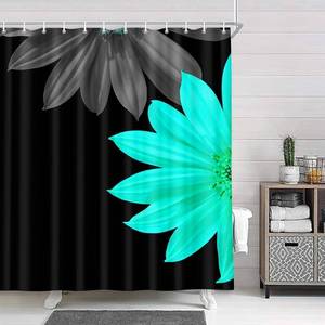 lot 54318 image: Blue Flower Floral Teal Pattern Abstract Bathroom Shower Curtain, Rustic Farmhouse Turquoise Blue Daisy in Black Fabric Shower Curtains Set, Vintage Country Gray Restroom Decor Accessories, 60X70in