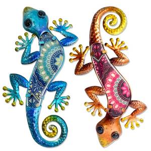 lot 54364 image: HONGLAND 2Pcs Metal Gecko Wall Decor Lizard Garden Art Color Hanging Glass Sculpture for Indoor Outdoor Patio Fence (Blue)