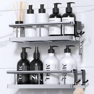 lot 54390 image: YASONIC Shower Caddy Adhesive, No Drill Bathroom Shower Organizers, with Removable Hooks, Rust Proof Shower Shelves, Wall-Mounted Shower Holder, Silver, 2 Pack