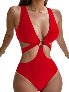 lot 54428 image: Lilosy Sexy Plunge Metal O Linked Cutout Plunge Low Cut One Piece Swimsuit High Leg Rise Cheeky Brazilian Bathing Suit Women Bikini Red Small