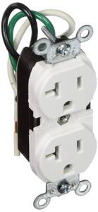 lot 54446 image: Leviton 5340-W 20-Amp, 125-Volt, Slim Body Duplex Receptacle, Straight Blade, Commercial Grade, Leaded, White