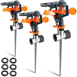 lot 54463 image: Pulsating Sprinklers with Metal Spike, Adjustable Rotating Impact Sprinkler Large Area Coverage Sprinklers for Yard Lawn Garden Above Ground Sprinkler System (Black and Orange, 3 Pieces)