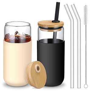 lot 54489 image: 20 OZ Glass Cups with Bamboo Lids and Straws - Beer Can Shaped Drinking Glasses with Silicone Protective Sleeve Set for Iced Coffee, Water, Smoothie, Boba Tea, Gift, 2 Colors