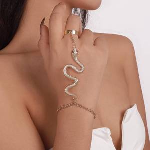 lot 54496 image: Jumwrit Hand Chain Bracelet Boho Snake Finger Ring Bracelet Slave Chain Hand Harness Bracelet Dainty Bracelet with Open Band Ring for Women Girls(Gold)